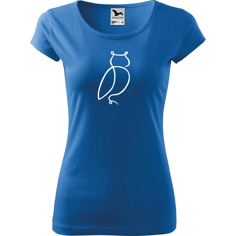 Ručně malované dámské bavlněné tričko - Jednotahová sova Barva trička: AZUROVÁ, Velikost trička: L, Barva motivu: BÍLÁ