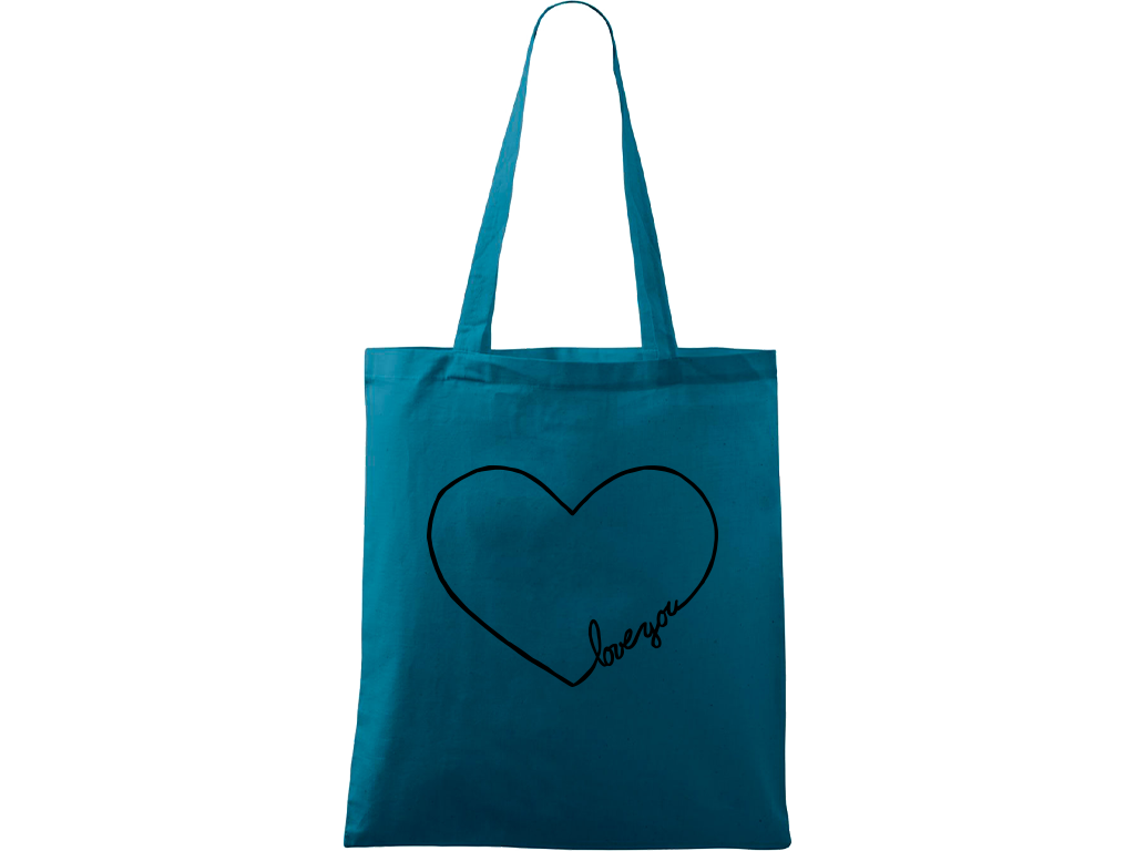 Ručně malovaná menší plátěná taška - "Love You" srdce Barva tašky: PETROLEJOVÁ, Barva motivu: ČERNÁ