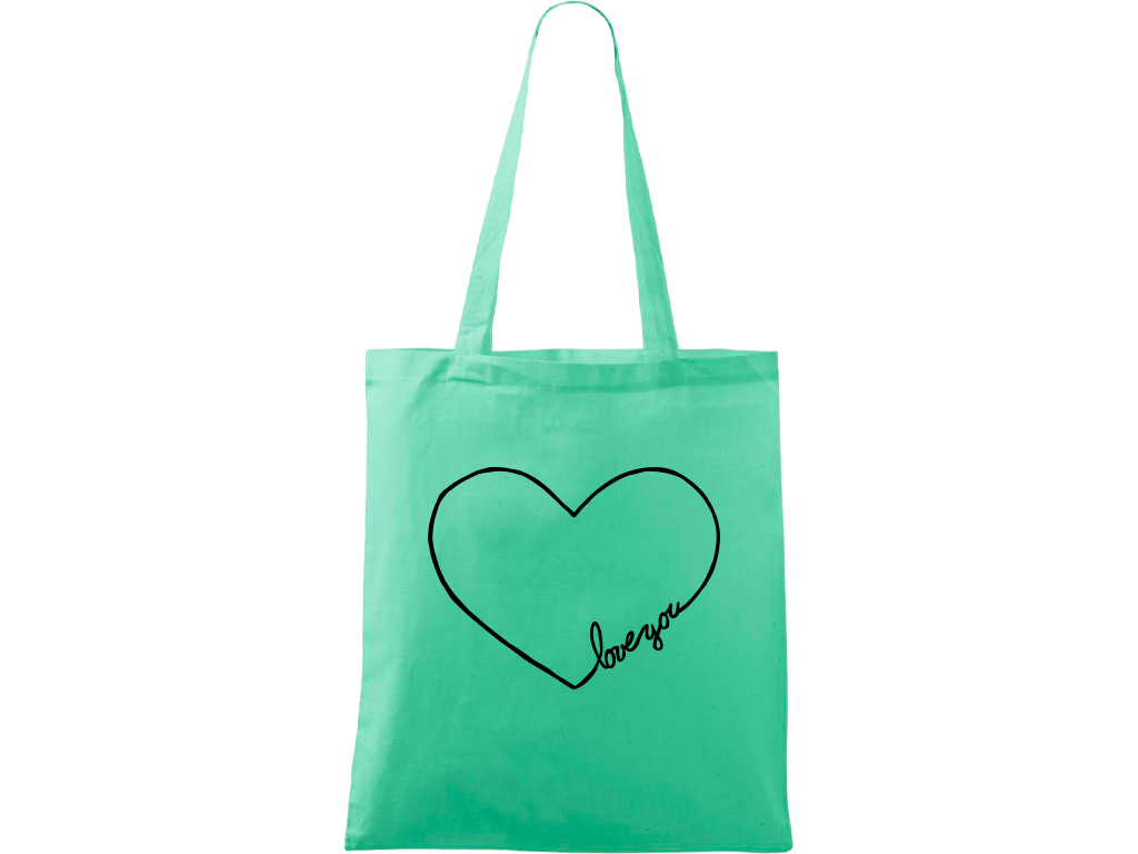 Ručně malovaná menší plátěná taška - "Love You" srdce Barva tašky: SVĚTLE ZELENÁ, Barva motivu: ČERNÁ