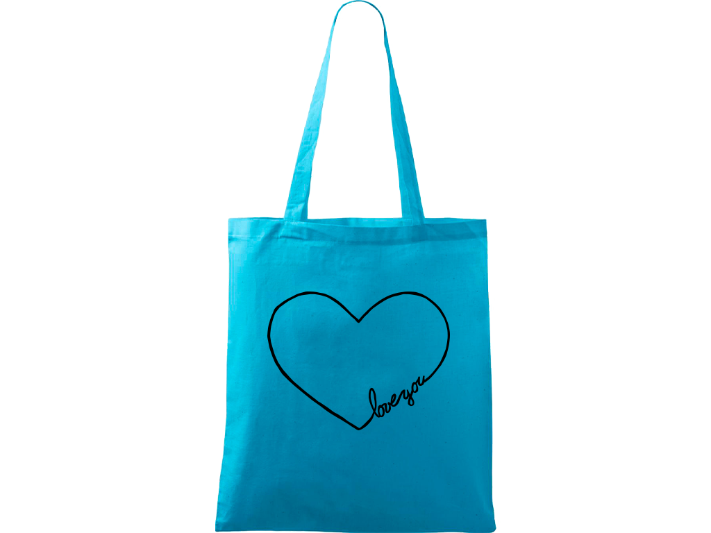 Ručně malovaná menší plátěná taška - "Love You" srdce Barva tašky: TYRKYSOVÁ, Barva motivu: ČERNÁ