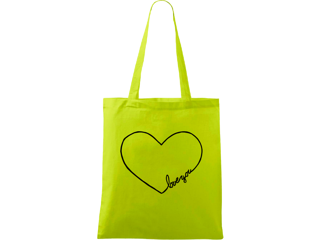Ručně malovaná menší plátěná taška - "Love You" srdce Barva tašky: LIMETKOVÁ, Barva motivu: ČERNÁ