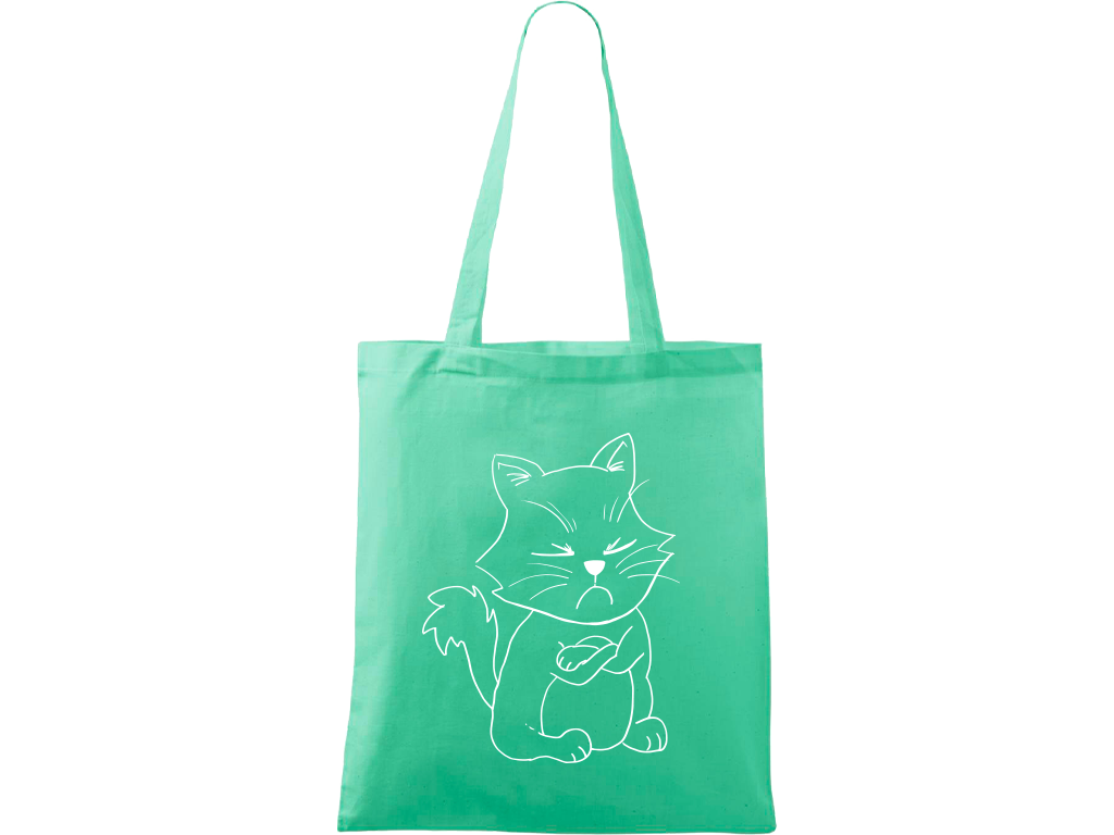 Ručně malovaná menší plátěná taška - Grumpy Kitty Barva tašky: SVĚTLE ZELENÁ, Barva motivu: BÍLÁ