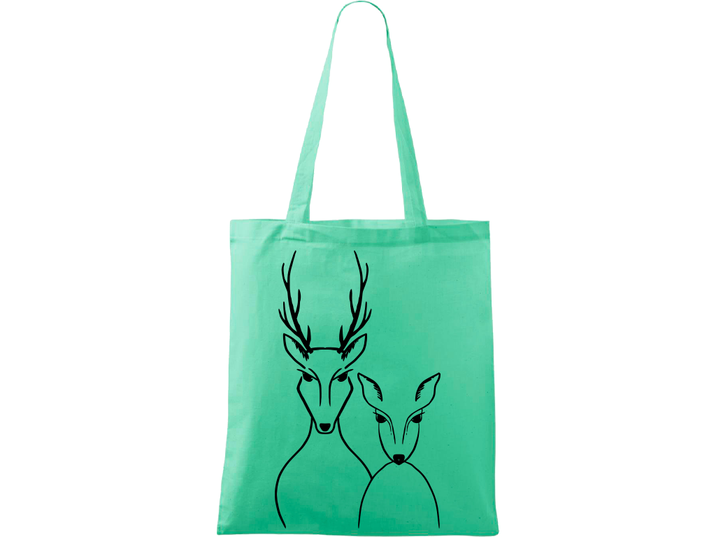 Ručně malovaná menší plátěná taška - Jelen & Srnka Barva tašky: SVĚTLE ZELENÁ, Barva motivu: ČERNÁ