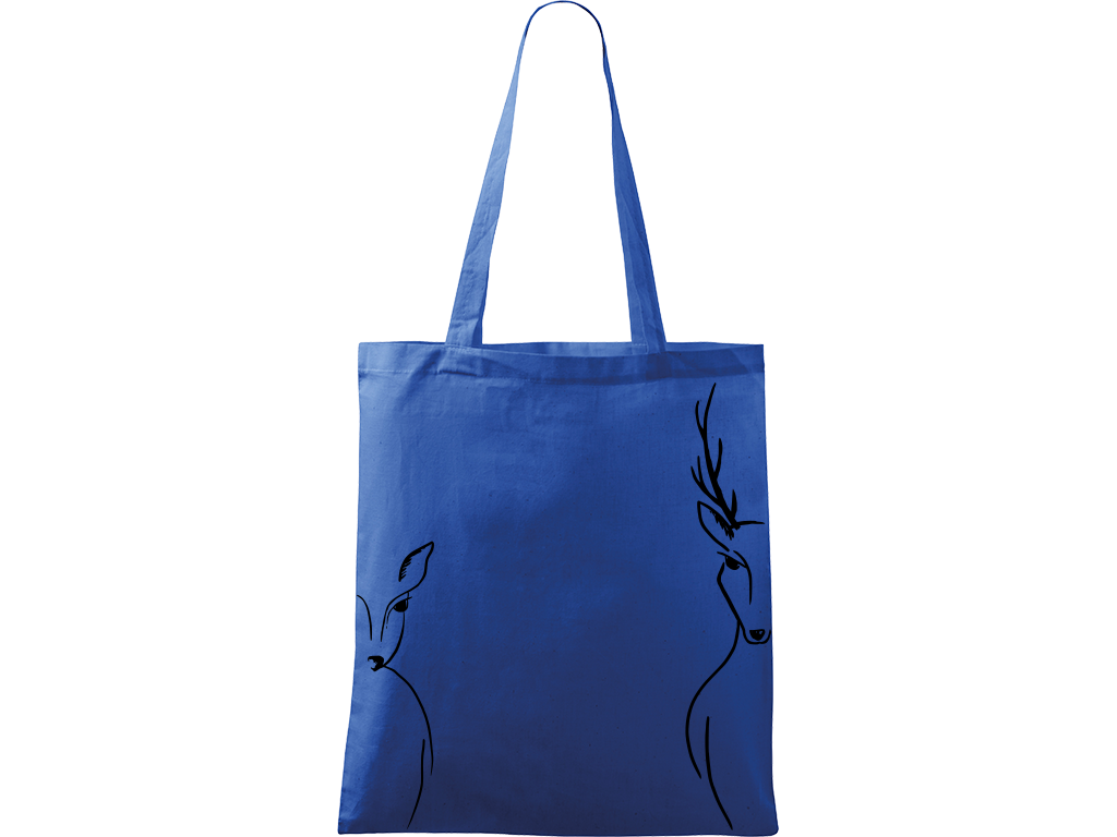 Ručně malovaná menší plátěná taška - Srnka & Jelen - Na bocích Barva tašky: MODRÁ, Barva motivu: ČERNÁ