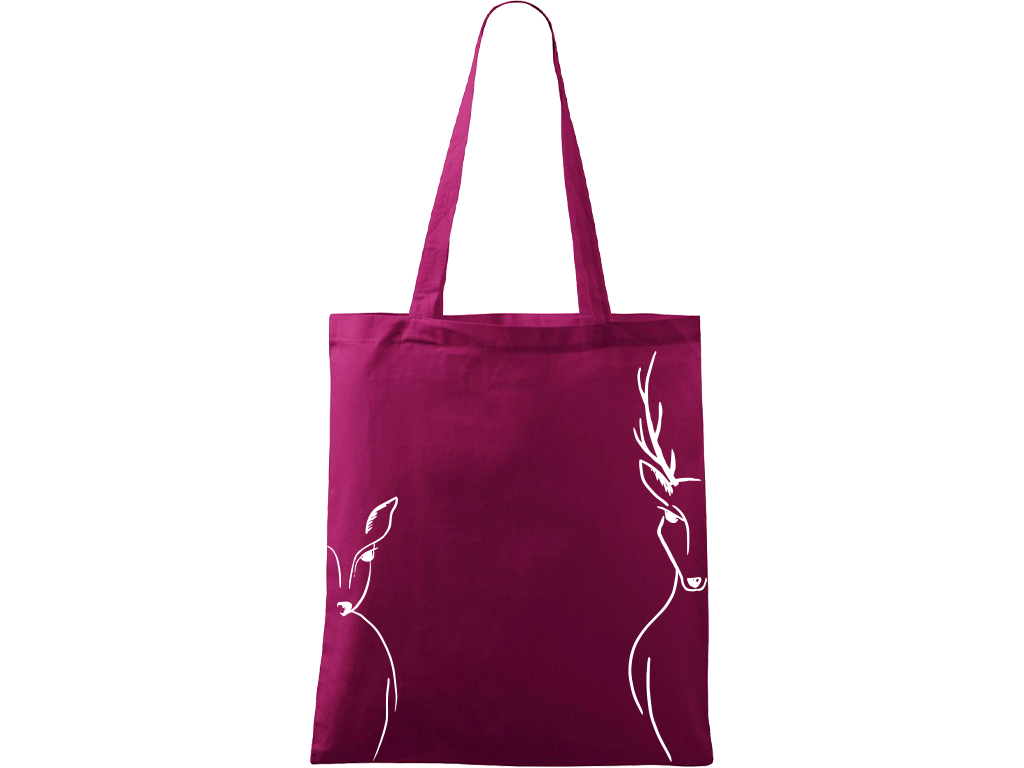 Ručně malovaná menší plátěná taška - Srnka & Jelen - Na bocích Barva tašky: RŮŽOVÁ, Barva motivu: BÍLÁ