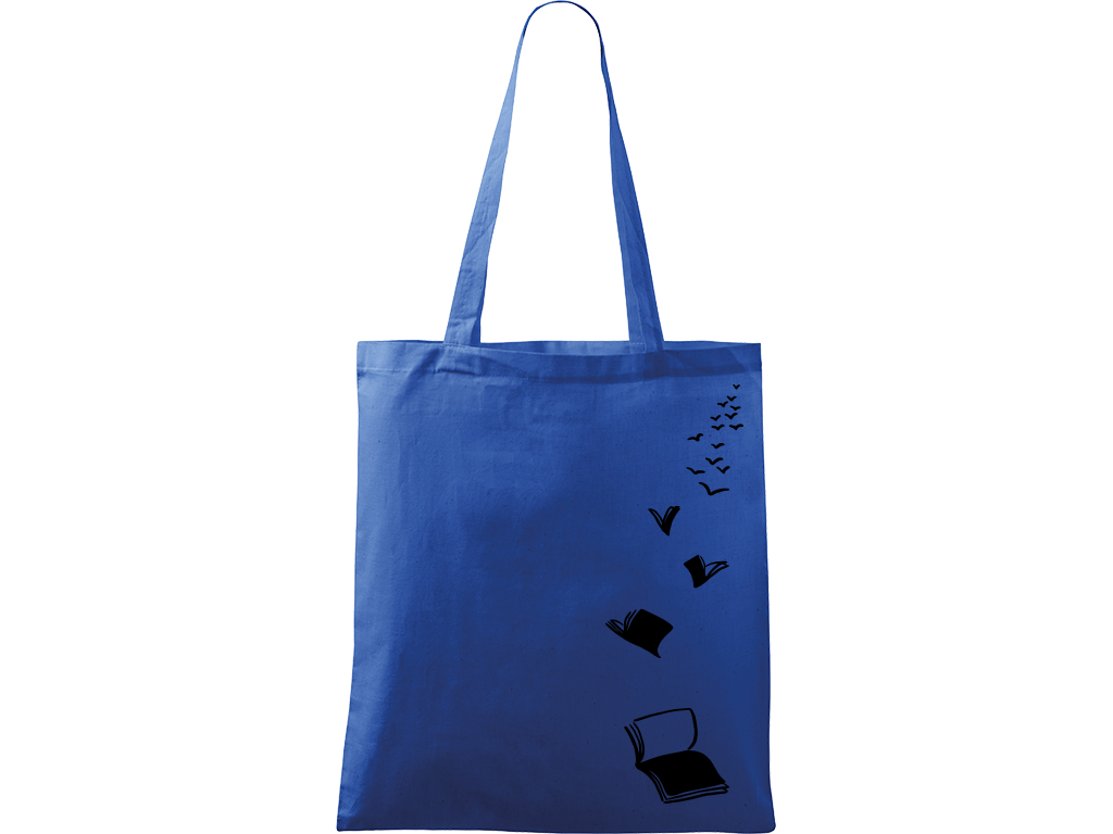 Ručně malovaná menší plátěná taška - Knihy - Létající - 1 Barva tašky: MODRÁ, Barva motivu: ČERNÁ