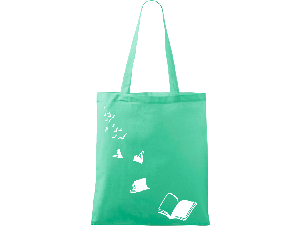 Ručně malovaná menší plátěná taška - Knihy - Létající - 2 Barva tašky: SVĚTLE ZELENÁ, Barva motivu: BÍLÁ