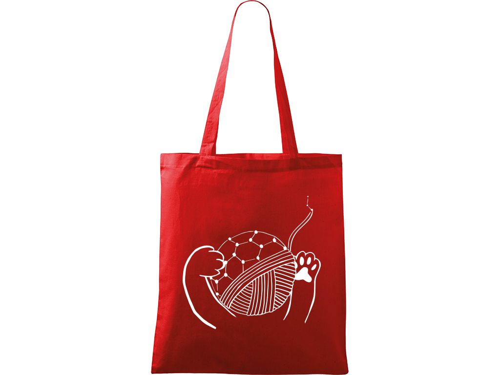 Ručně malovaná menší plátěná taška - Kočičí packy s Fullerenem Barva tašky: ČERVENÁ, Barva motivu: BÍLÁ