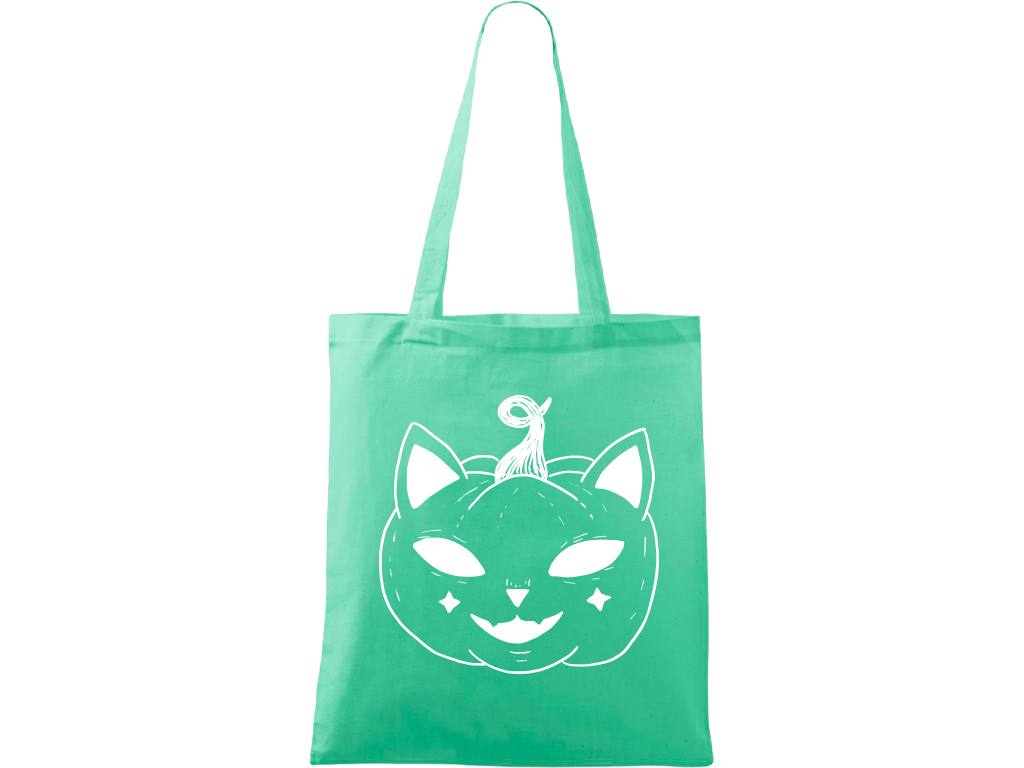 Ručně malovaná menší plátěná taška - Halloween kočka - Dýně Barva tašky: SVĚTLE ZELENÁ, Barva motivu: BÍLÁ