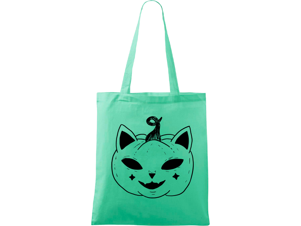 Ručně malovaná menší plátěná taška - Halloween kočka - Dýně Barva tašky: SVĚTLE ZELENÁ, Barva motivu: ČERNÁ