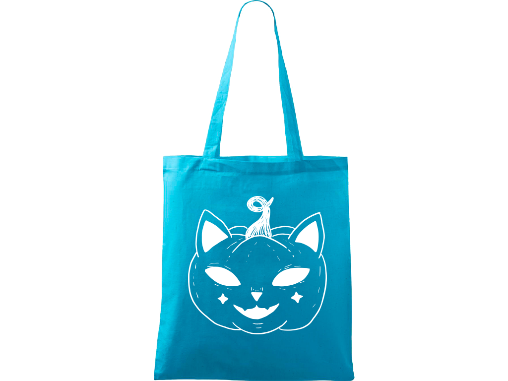 Ručně malovaná menší plátěná taška - Halloween kočka - Dýně Barva tašky: TYRKYSOVÁ, Barva motivu: BÍLÁ