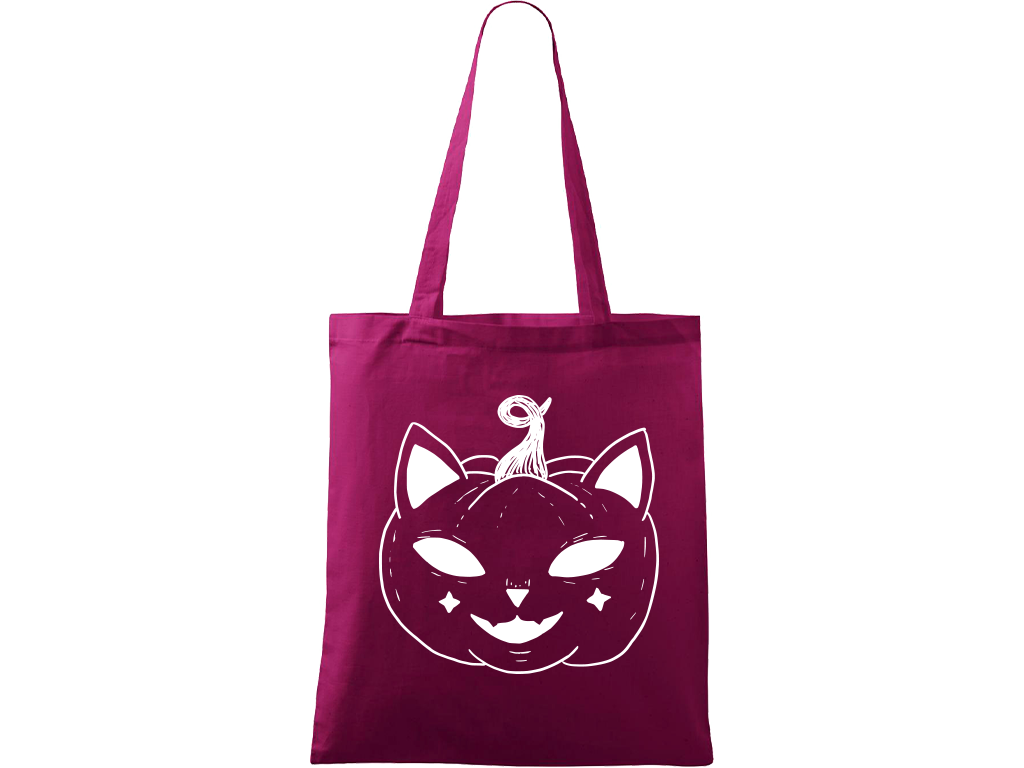 Ručně malovaná menší plátěná taška - Halloween kočka - Dýně Barva tašky: RŮŽOVÁ, Barva motivu: BÍLÁ