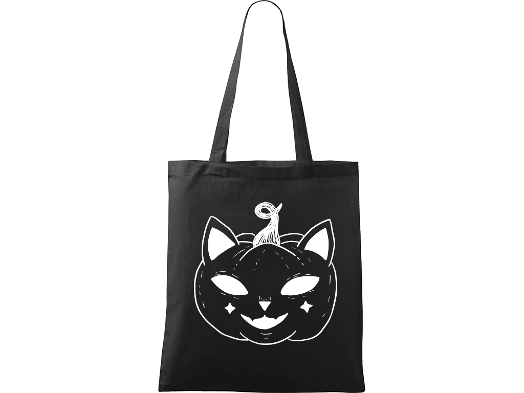 Ručně malovaná menší plátěná taška - Halloween kočka - Dýně Barva tašky: ČERNÁ, Barva motivu: BÍLÁ