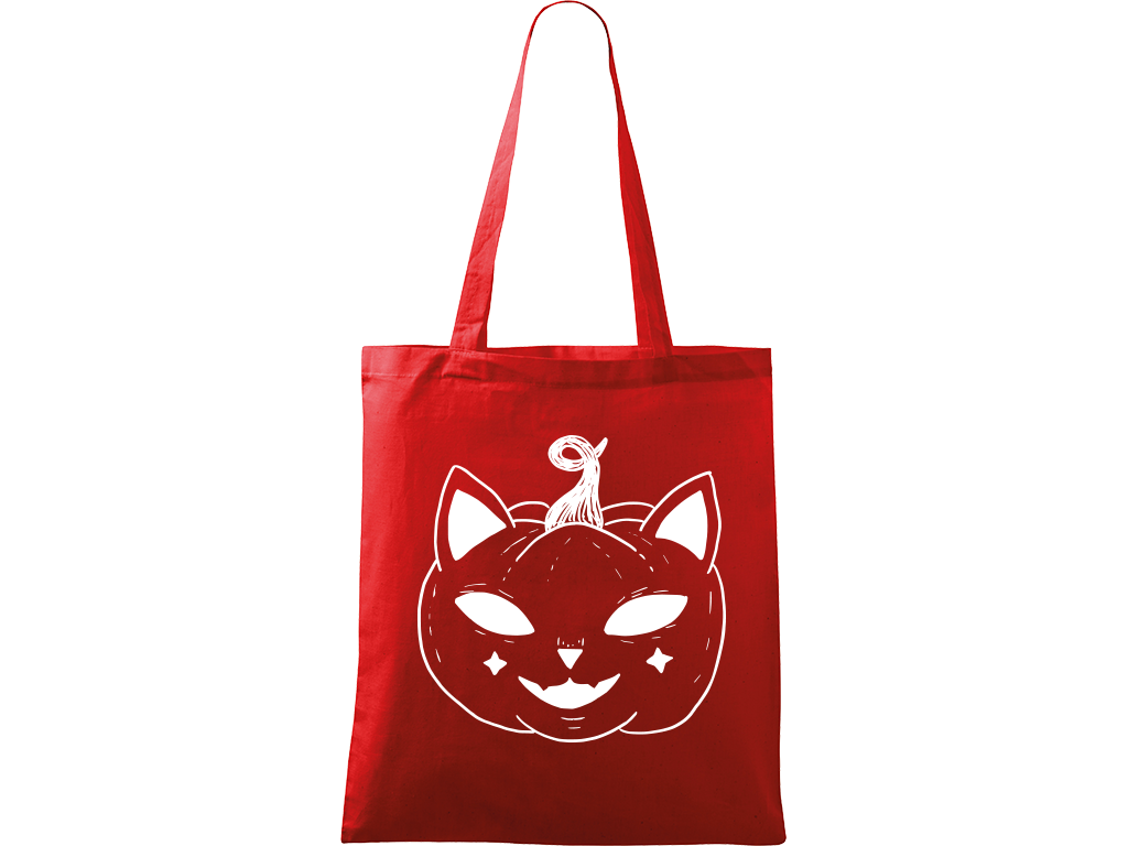 Ručně malovaná menší plátěná taška - Halloween kočka - Dýně Barva tašky: ČERVENÁ, Barva motivu: BÍLÁ