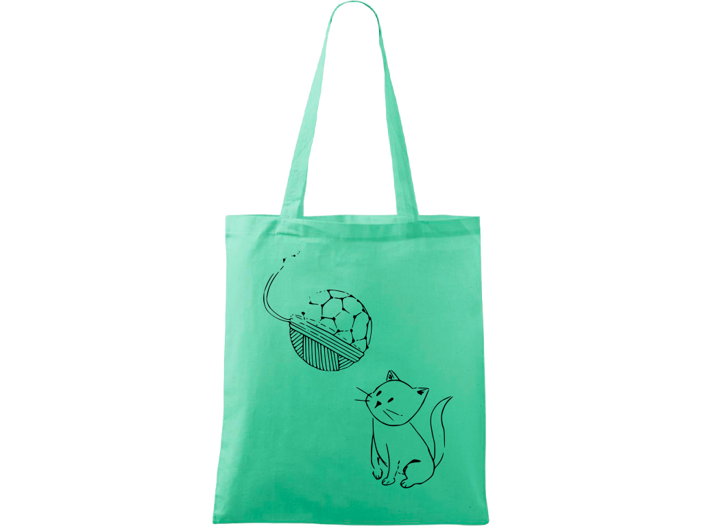 Ručně malovaná menší plátěná taška - Kotě s Fullerenem Barva tašky: SVĚTLE ZELENÁ, Barva motivu: ČERNÁ