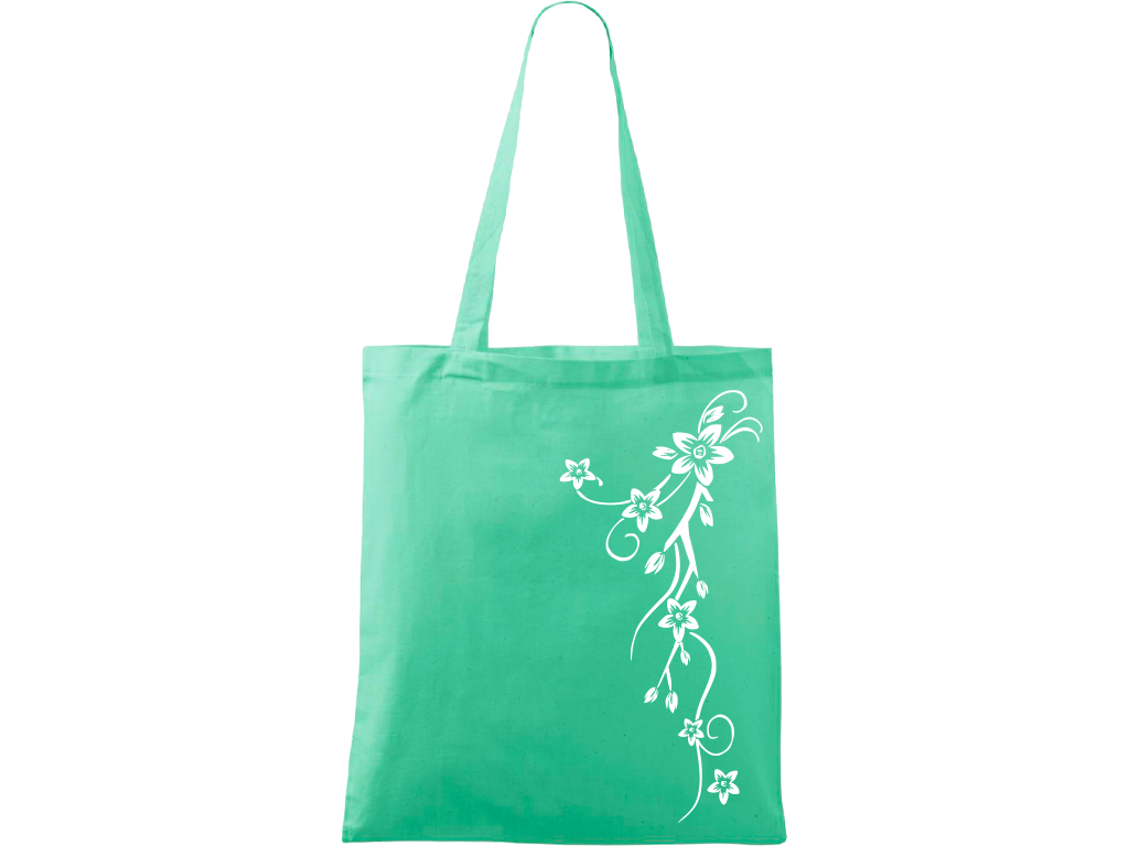 Ručně malovaná menší plátěná taška - Květiny Barva tašky: SVĚTLE ZELENÁ, Barva motivu: BÍLÁ