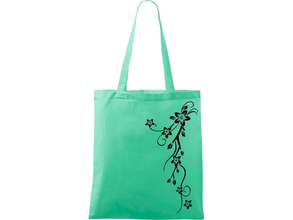 Ručně malovaná menší plátěná taška - Květiny Barva tašky: SVĚTLE ZELENÁ, Barva motivu: ČERNÁ