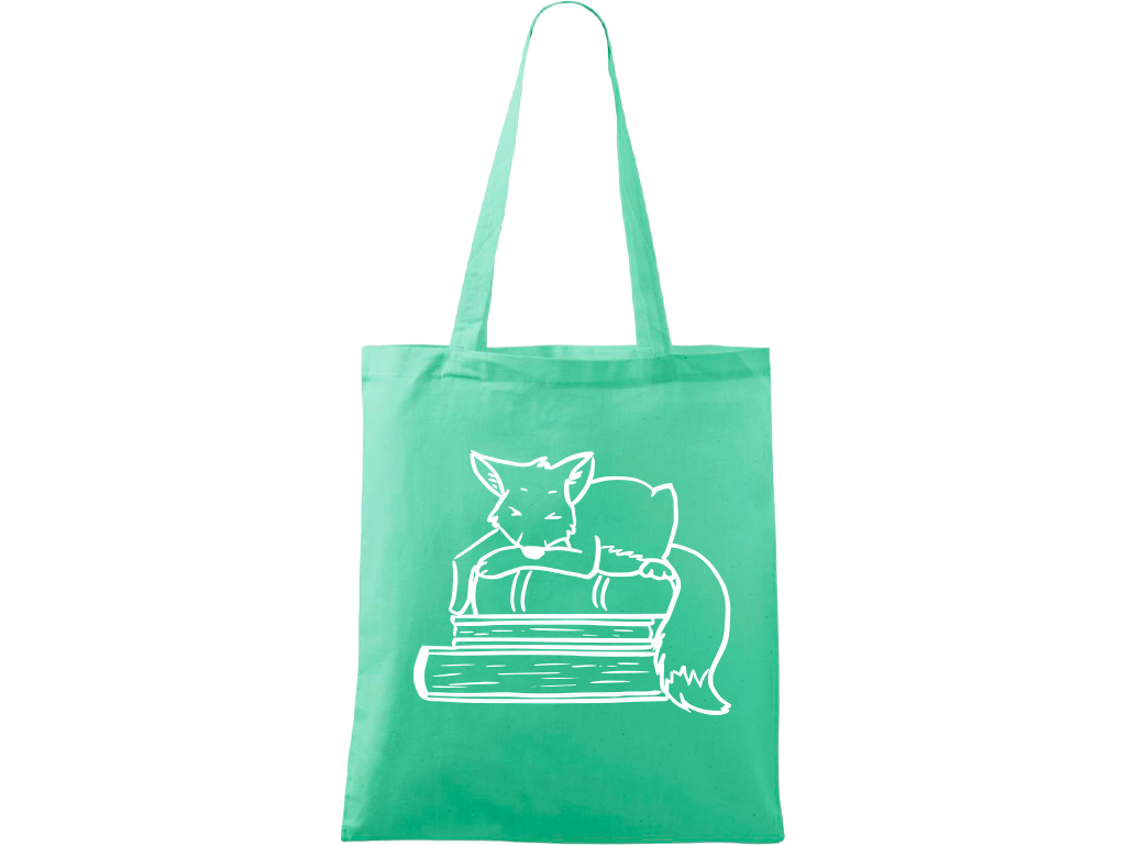 Ručně malovaná menší plátěná taška - Liška na knihách Barva tašky: SVĚTLE ZELENÁ, Barva motivu: BÍLÁ