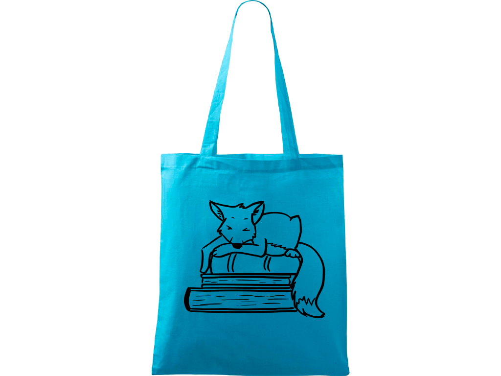 Ručně malovaná menší plátěná taška - Liška na knihách Barva tašky: TYRKYSOVÁ, Barva motivu: ČERNÁ
