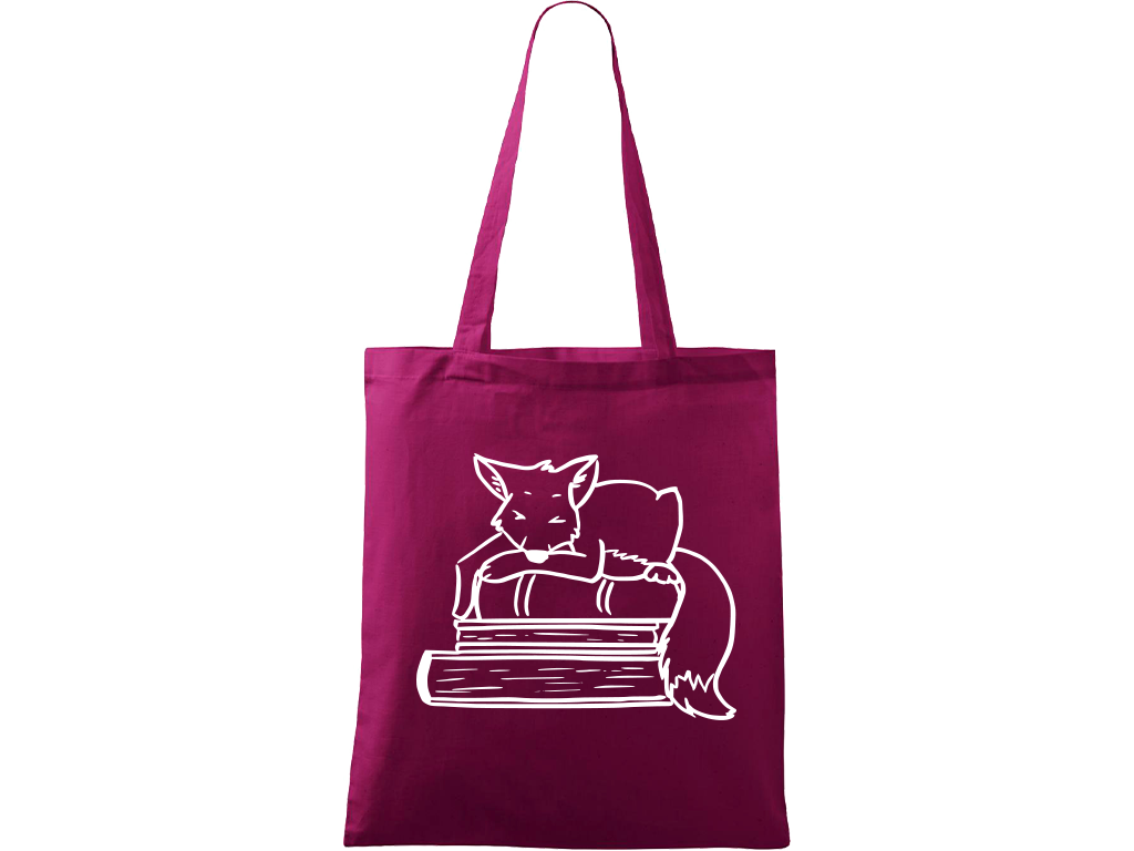 Ručně malovaná menší plátěná taška - Liška na knihách Barva tašky: RŮŽOVÁ, Barva motivu: BÍLÁ