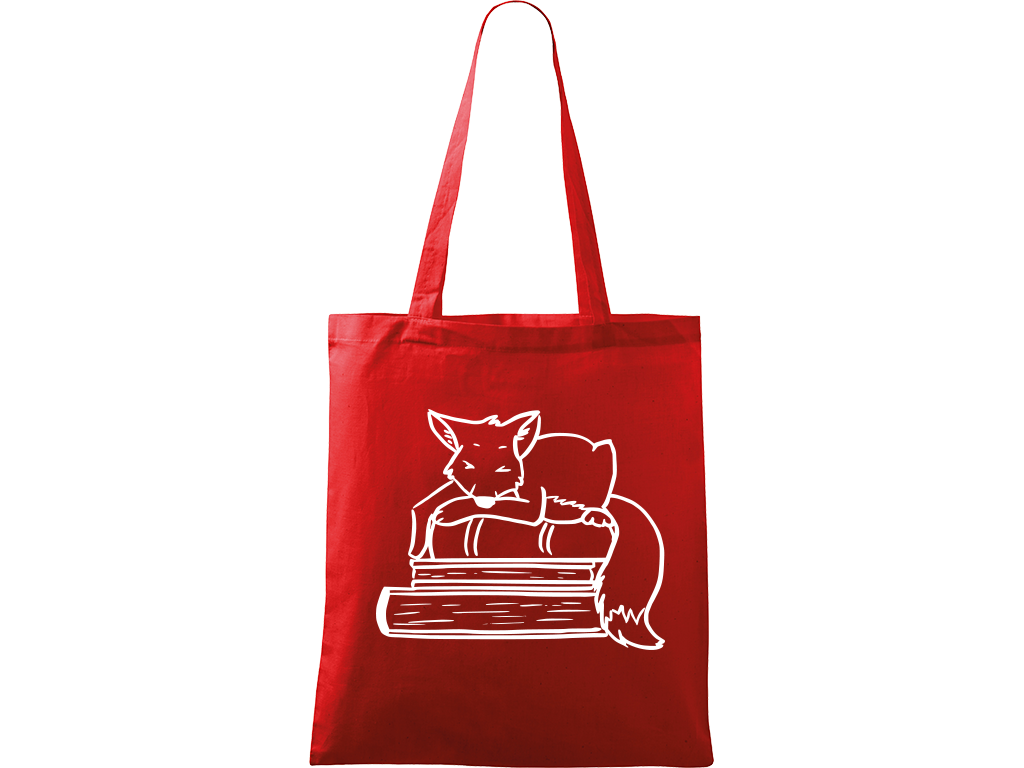 Ručně malovaná menší plátěná taška - Liška na knihách Barva tašky: ČERVENÁ, Barva motivu: BÍLÁ