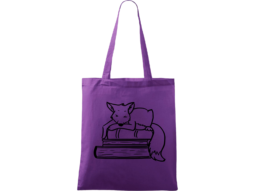 Ručně malovaná menší plátěná taška - Liška na knihách Barva tašky: FIALOVÁ, Barva motivu: ČERNÁ