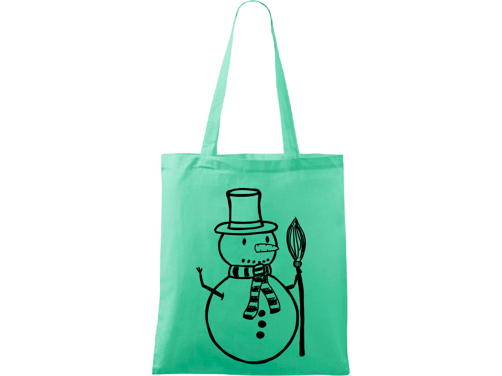 Ručně malovaná menší plátěná taška - Sněhulák - S koštětem Barva tašky: SVĚTLE ZELENÁ, Barva motivu: ČERNÁ