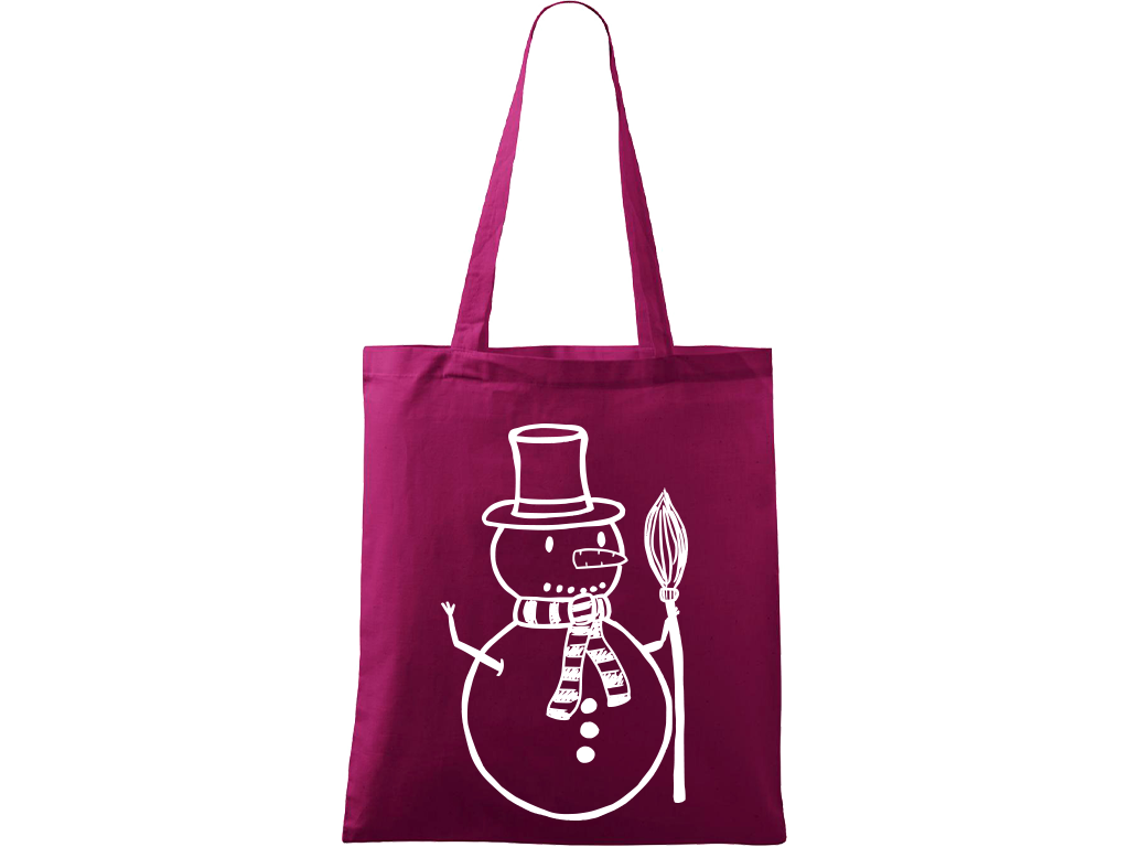 Ručně malovaná menší plátěná taška - Sněhulák - S koštětem Barva tašky: RŮŽOVÁ, Barva motivu: BÍLÁ
