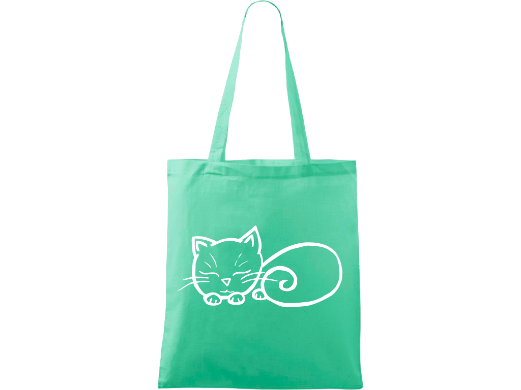 Ručně malovaná menší plátěná taška - Spící kotě Barva tašky: SVĚTLE ZELENÁ, Barva motivu: BÍLÁ