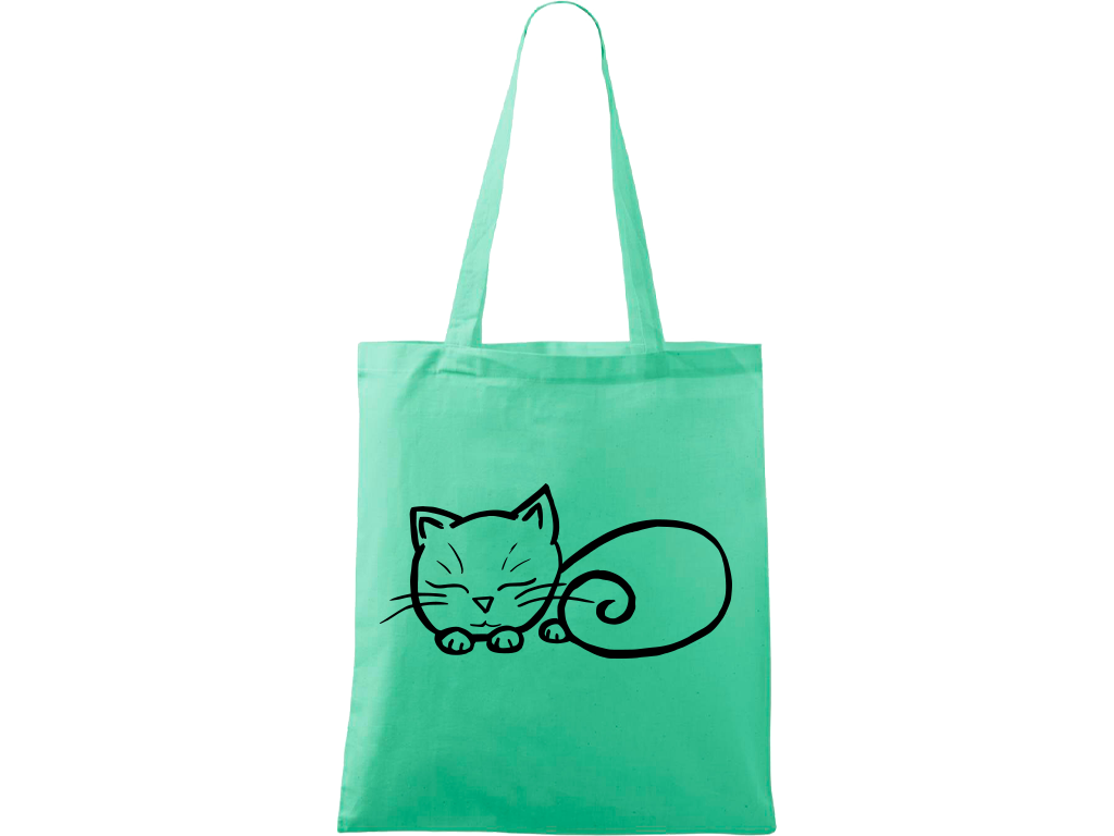 Ručně malovaná menší plátěná taška - Spící kotě Barva tašky: SVĚTLE ZELENÁ, Barva motivu: ČERNÁ