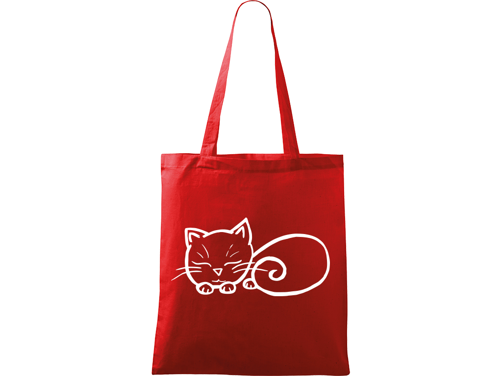 Ručně malovaná menší plátěná taška - Spící kotě Barva tašky: ČERVENÁ, Barva motivu: BÍLÁ
