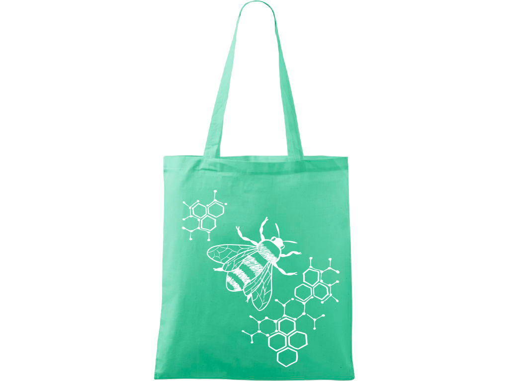 Ručně malovaná menší plátěná taška - Včela - S plástvemi Barva tašky: SVĚTLE ZELENÁ, Barva motivu: BÍLÁ