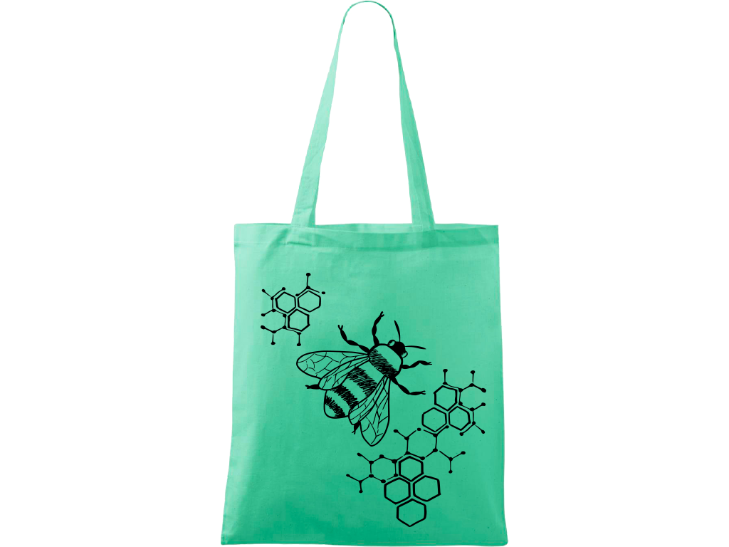 Ručně malovaná menší plátěná taška - Včela - S plástvemi Barva tašky: SVĚTLE ZELENÁ, Barva motivu: ČERNÁ