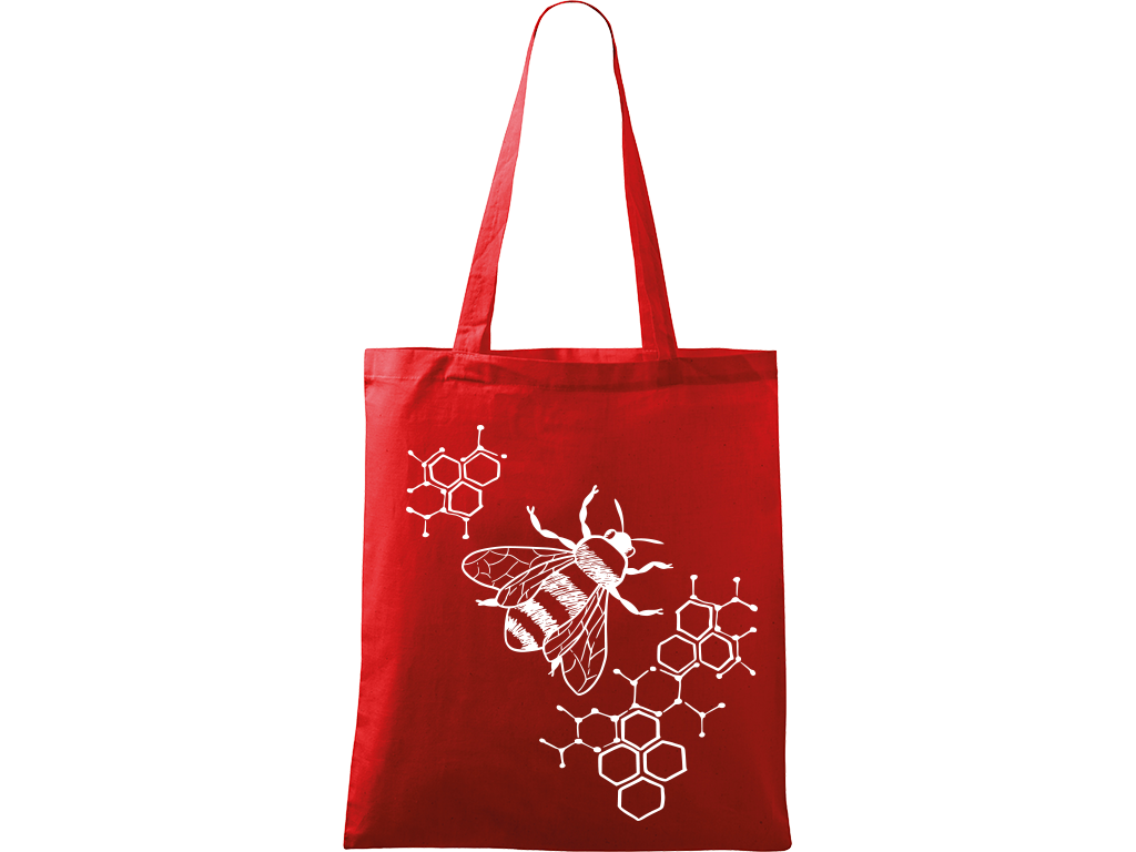 Ručně malovaná menší plátěná taška - Včela - S plástvemi Barva tašky: ČERVENÁ, Barva motivu: BÍLÁ