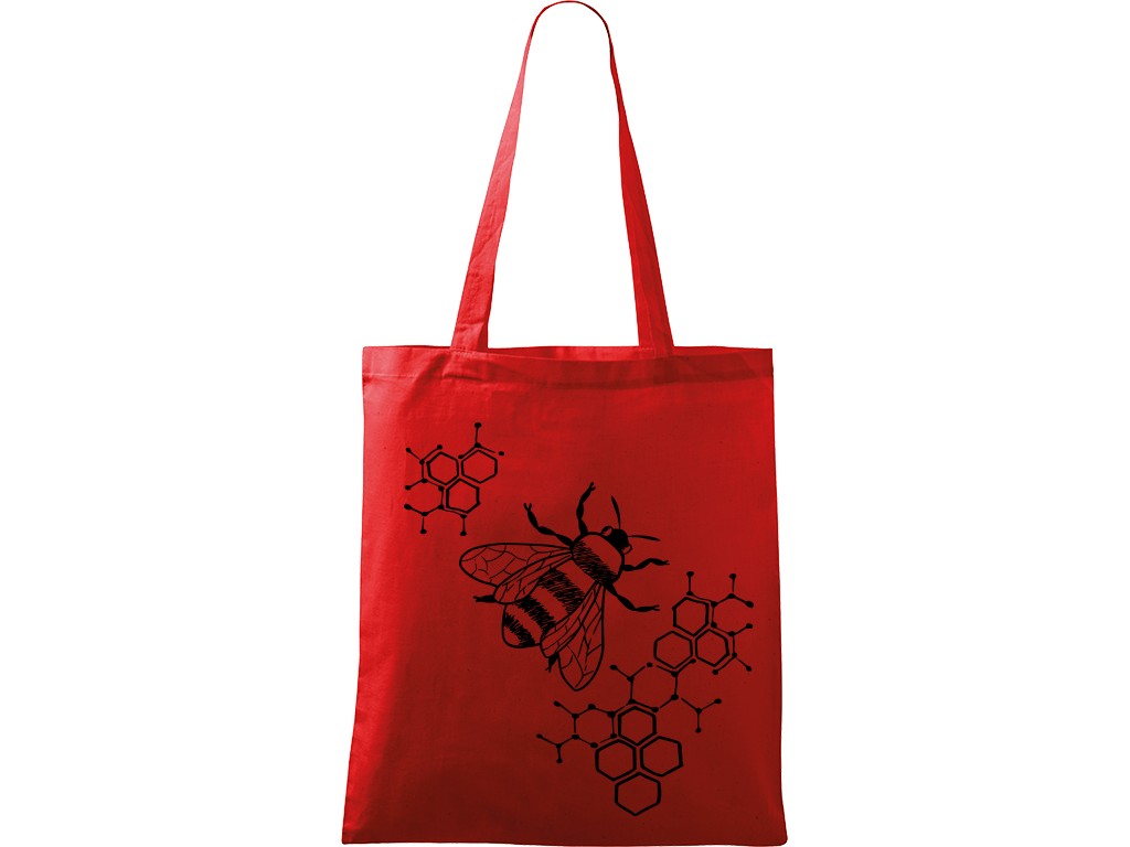 Ručně malovaná menší plátěná taška - Včela - S plástvemi Barva tašky: ČERVENÁ, Barva motivu: ČERNÁ