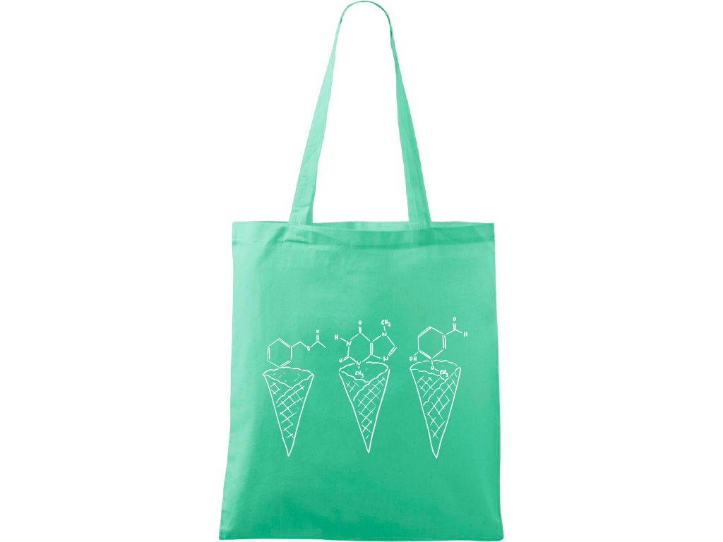 Ručně malovaná menší plátěná taška - Zmrzliny - Jahoda, čokoláda a vanilka Barva tašky: SVĚTLE ZELENÁ, Barva motivu: BÍLÁ