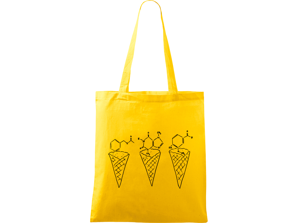 Ručně malovaná menší plátěná taška - Zmrzliny - Jahoda, čokoláda a vanilka Barva tašky: ŽLUTÁ, Barva motivu: ČERNÁ