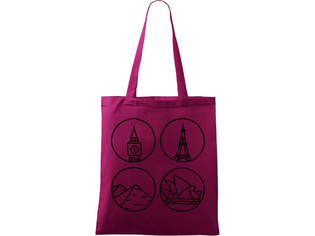Ručně malovaná menší plátěná taška - Big Ben, Eiffelovka, Pyramidy a Opera v Sydney Barva tašky: RŮŽOVÁ, Barva motivu: ČERNÁ