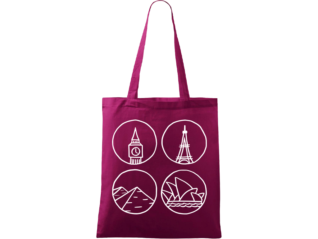 Ručně malovaná menší plátěná taška - Big Ben, Eiffelovka, Pyramidy a Opera v Sydney Barva tašky: RŮŽOVÁ, Barva motivu: BÍLÁ