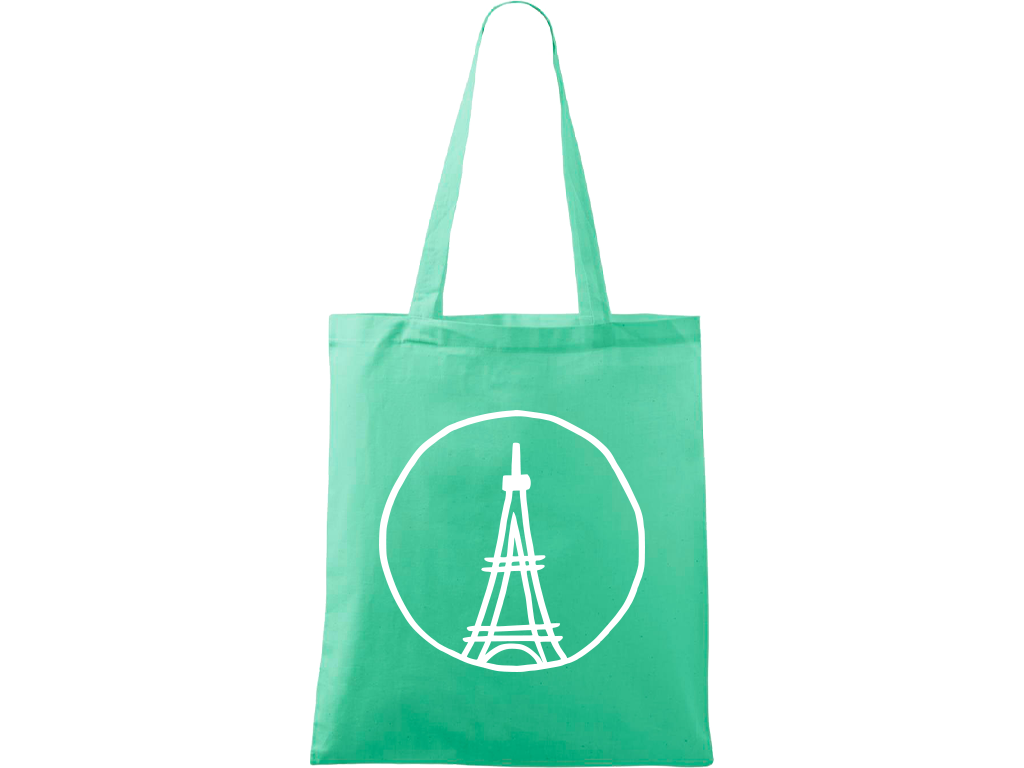 Ručně malovaná menší plátěná taška - Eiffellova věž Barva tašky: SVĚTLE ZELENÁ, Barva motivu: BÍLÁ