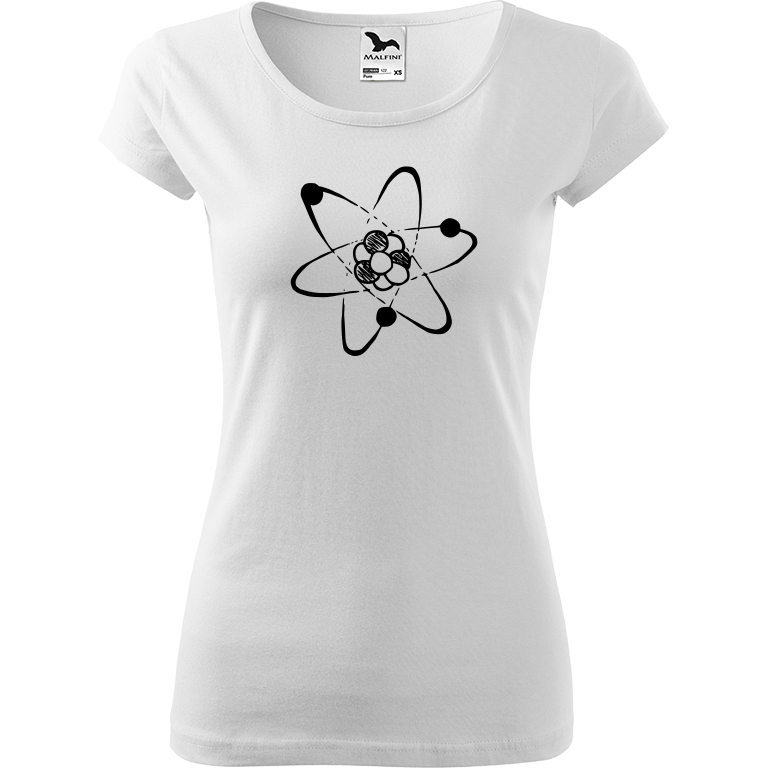 Ručně malované dámské bavlněné tričko - Atom Barva trička: BÍLÁ, Velikost trička: S, Barva motivu: ČERNÁ