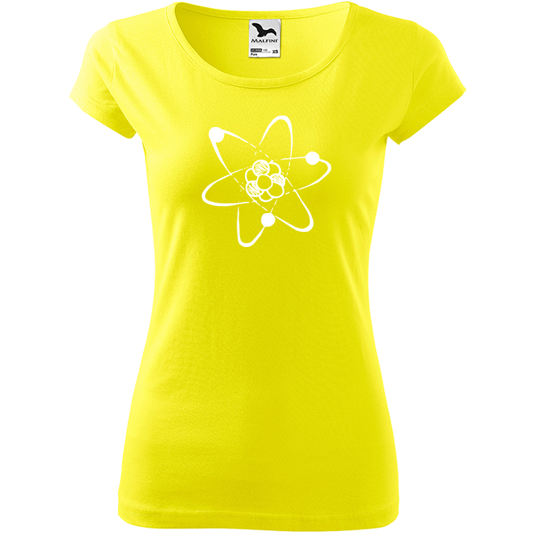 Ručně malované dámské bavlněné tričko - Atom Barva trička: CITRONOVÁ, Velikost trička: XS, Barva motivu: BÍLÁ