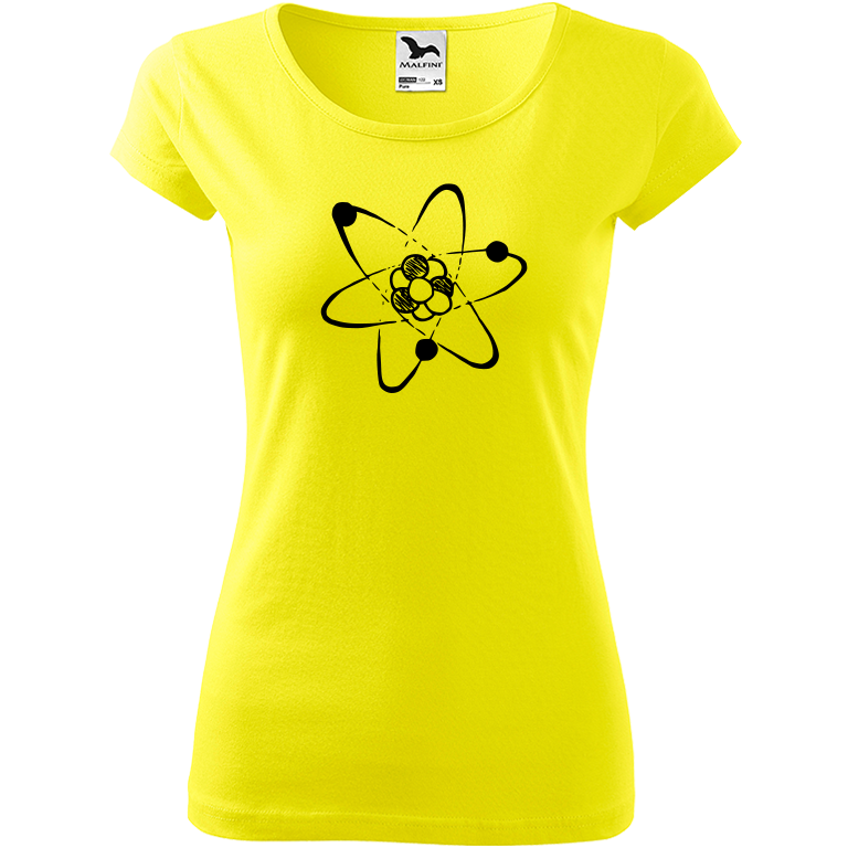 Ručně malované dámské bavlněné tričko - Atom Barva trička: CITRONOVÁ, Velikost trička: M, Barva motivu: ČERNÁ