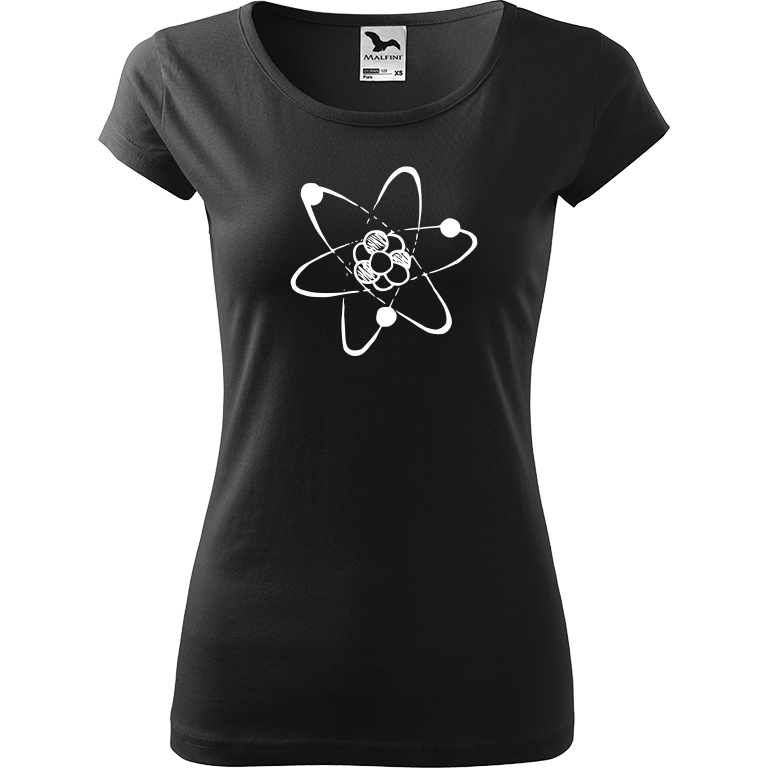 Ručně malované dámské bavlněné tričko - Atom Barva trička: ČERNÁ, Velikost trička: M, Barva motivu: BÍLÁ