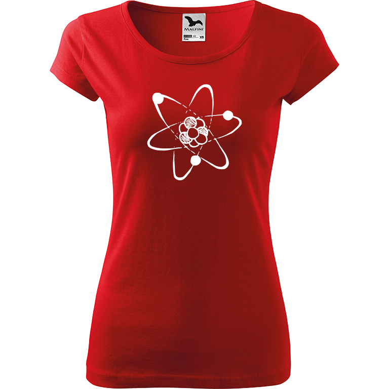 Ručně malované dámské bavlněné tričko - Atom Barva trička: ČERVENÁ, Velikost trička: M, Barva motivu: BÍLÁ