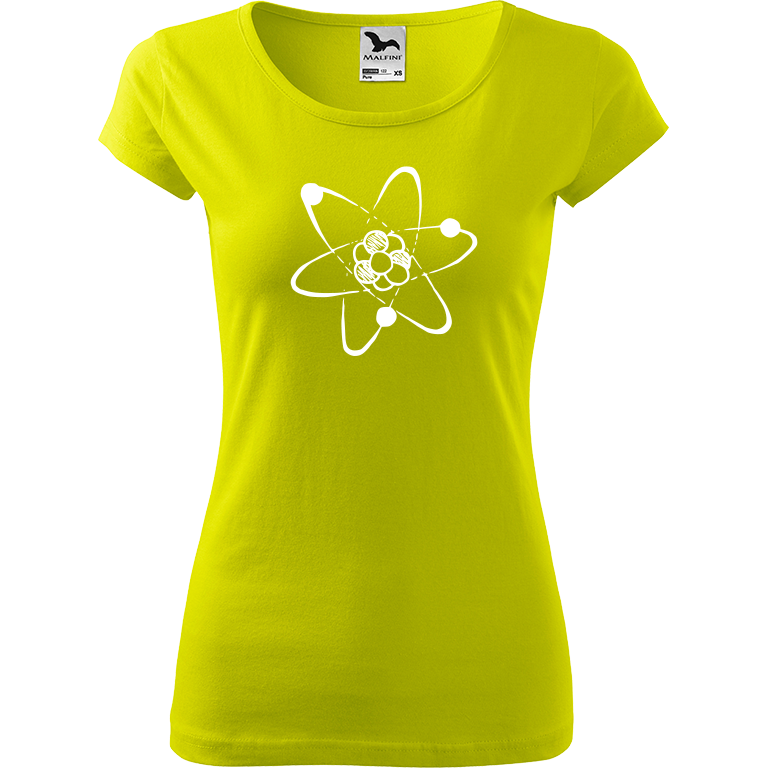 Ručně malované dámské bavlněné tričko - Atom Barva trička: LIMETKOVÁ, Velikost trička: XL, Barva motivu: BÍLÁ