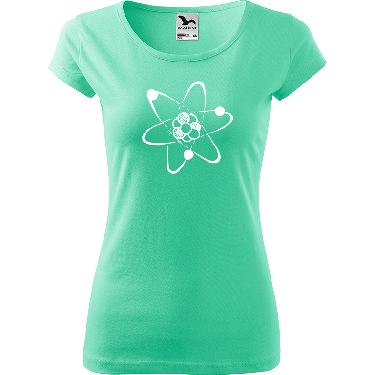 Ručně malované dámské bavlněné tričko - Atom Barva trička: MÁTOVÁ, Velikost trička: M, Barva motivu: BÍLÁ