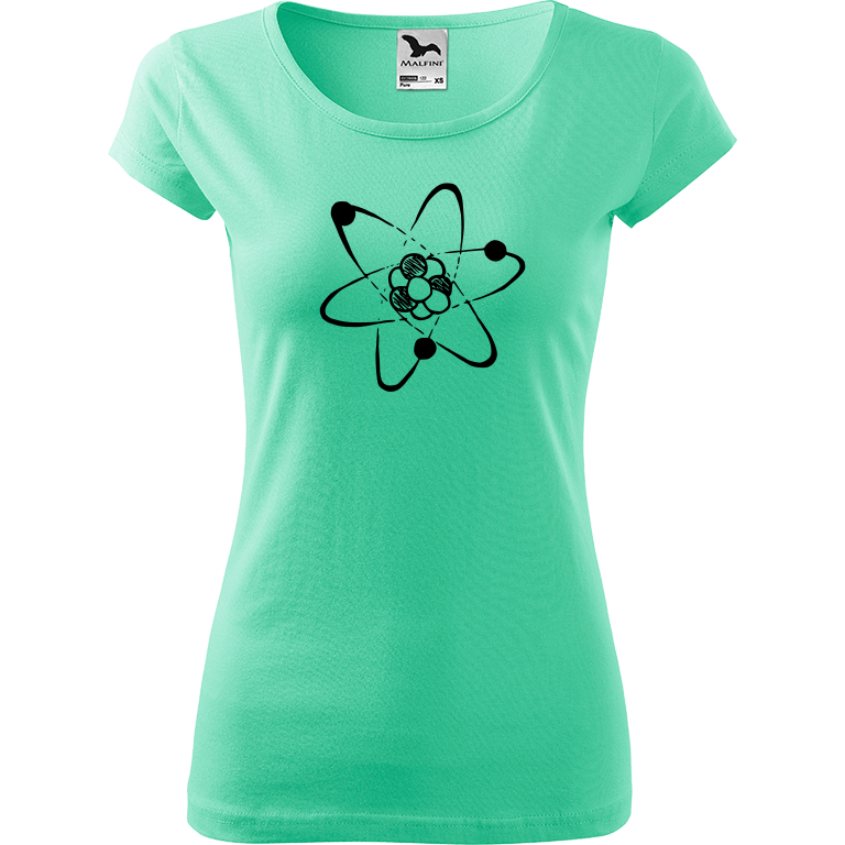 Ručně malované dámské bavlněné tričko - Atom Barva trička: MÁTOVÁ, Velikost trička: XL, Barva motivu: ČERNÁ