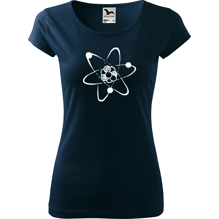 Ručně malované dámské bavlněné tričko - Atom Barva trička: NÁMOŘNICKÁ MODRÁ, Velikost trička: M, Barva motivu: BÍLÁ