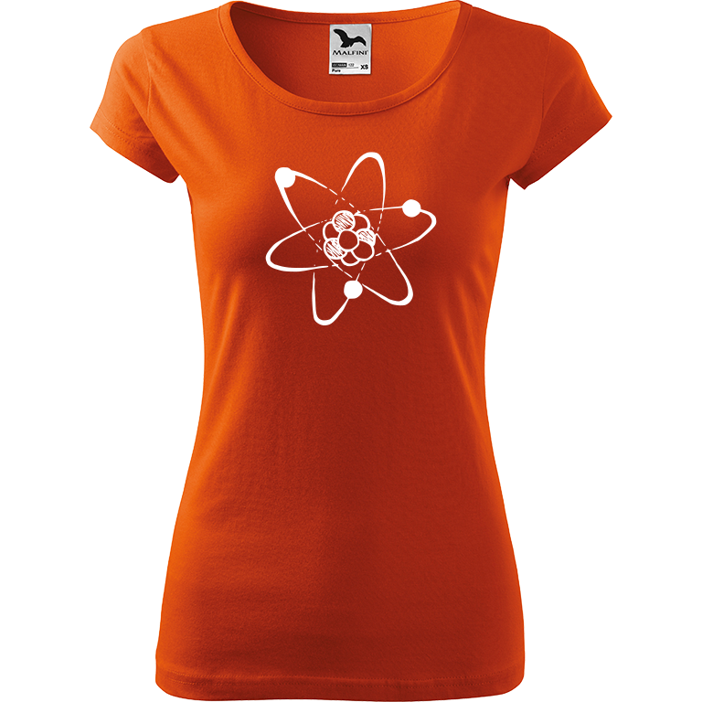 Ručně malované dámské bavlněné tričko - Atom Barva trička: ORANŽOVÁ, Velikost trička: XL, Barva motivu: BÍLÁ